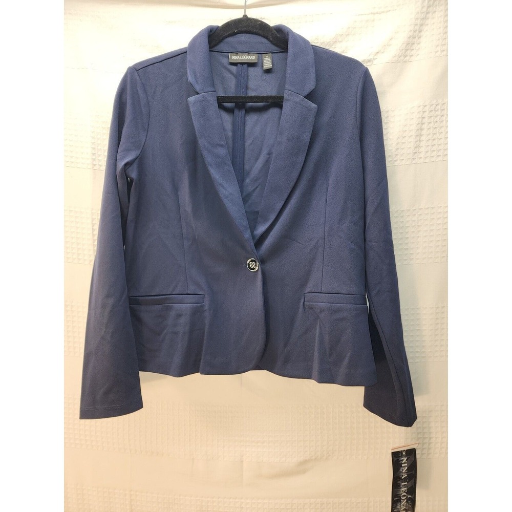 Nina Leonard Blazer Womens Small Blue Single Breasted Collared Stretch 0258